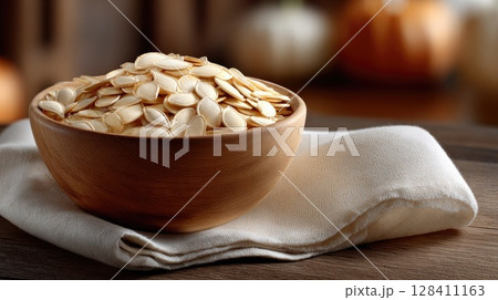 Pumpkin seeds are beautifully displayed in a wooden bowl on a rustic table, enhanced by natural lighting and intricate details Pumpkin seeds are beautifully displayed in a wooden bowl on a rustic table, enhanced by natural lighting and intricate details 128411163