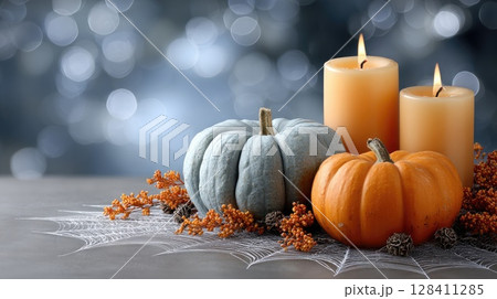 Candles glow softly beside decorative pumpkins and spider webs, setting a spooky Halloween ambiance in a dark blue backdrop Candles glow softly beside decorative pumpkins and spider webs, setting a spooky Halloween ambiance in a dark blue backdrop 128411285