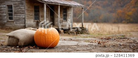 A carved pumpkin grins with its jack-o-lantern face, casting a warm glow in front of an old house on a dark Halloween night 128411369