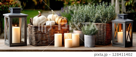 Enjoy the warm ambiance of fall with a basket of fruits and vegetables, colorful pumpkins, and flickering lanterns on a rustic table 128411402