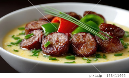 Creamy soup featuring kielbasa, potatoes, and fresh vegetables served in a decorative bowl on a sunlit tablecloth 128411463