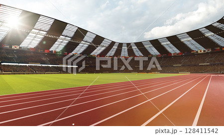 Outdoor 3D stadium track with green field and sunlight over cheering crowd 128411542
