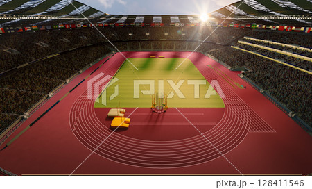 Modern athletic 3D stadium with vibrant crowd under setting sun 128411546