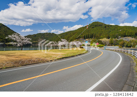 浜松市の船明ダムの桜並木の風景(静岡県) 128411642