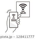 スマートフォンをフリーWi-Fiに接続させるイラスト素材 128411777