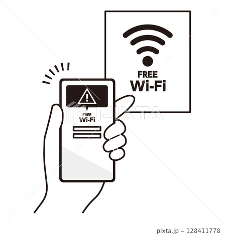 スマートフォンを怪しいフリーWi-Fiに接続させるイラスト素材 スマートフォンを怪しいフリーWi-Fiに接続させるイラスト素材 128411778