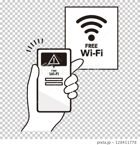 スマートフォンを怪しいフリーWi-Fiに接続させるイラスト素材 スマートフォンを怪しいフリーWi-Fiに接続させるイラスト素材 128411778