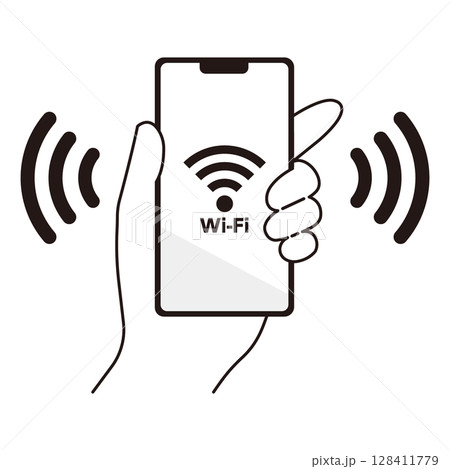 Wi-Fiに接続されたスマートフォンを持つ手のイラスト素材 128411779