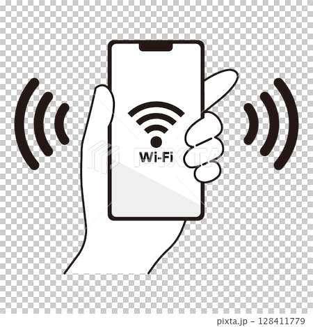 Wi-Fiに接続されたスマートフォンを持つ手のイラスト素材 128411779