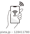 Wi-Fiに接続されたスマートフォンを持つ手のイラスト素材 128411780