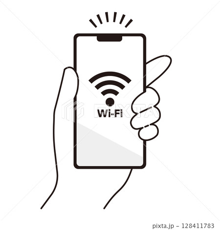 Wi-Fiに接続されたスマートフォンを持つ手のイラスト素材 128411783