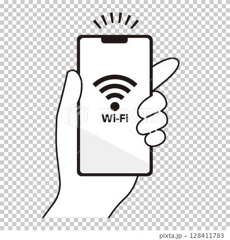 Wi-Fiに接続されたスマートフォンを持つ手のイラスト素材 128411783