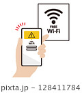 スマートフォンを怪しいフリーWi-Fiに接続させるイラスト素材 128411784
