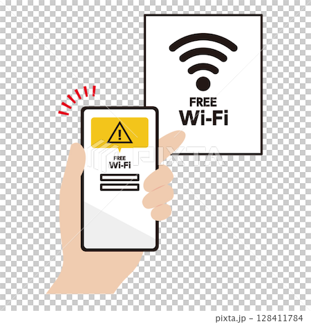 スマートフォンを怪しいフリーWi-Fiに接続させるイラスト素材 128411784