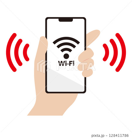 Wi-Fiに接続されたスマートフォンを持つ手のイラスト素材 128411786