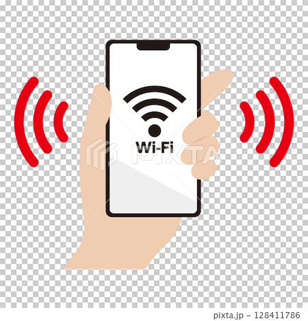 Wi-Fiに接続されたスマートフォンを持つ手のイラスト素材 128411786
