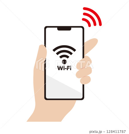 Wi-Fiに接続されたスマートフォンを持つ手のイラスト素材 128411787