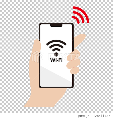 Wi-Fiに接続されたスマートフォンを持つ手のイラスト素材 128411787