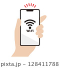 Wi-Fiに接続されたスマートフォンを持つ手のイラスト素材 128411788