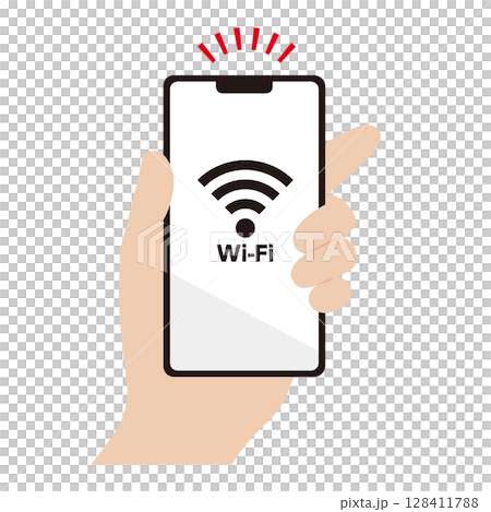 一隻手握著連接到 Wi-Fi 的智慧型手機的插圖 128411788