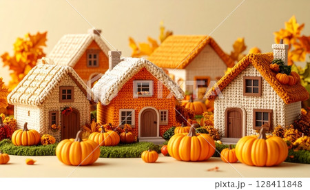 Yarn Village with Autumn Pumpkin Decor Yarn Village with Autumn Pumpkin Decor 128411848