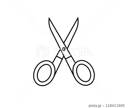 Simple, clean line art illustration of scissors. Perfect for websites, apps, or educational materials needing a clear, versatile graphic.  Ideal for crafting, cutting, or general tool concepts. 128411895
