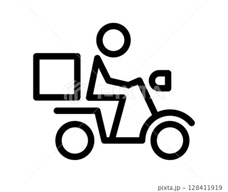 Bold line art icon depicting a person riding a scooter carrying a package.  Perfect for delivery service apps, websites, and infographics needing a simple, modern style. 128411919