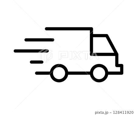 Fast delivery truck icon.  Bold black line art style, perfect for websites, apps, or presentations needing a quick, modern delivery symbol. Represents speed, efficiency, and transportation. 128411920