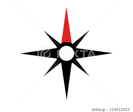 Striking compass rose design. Black silhouette with a red direction. Ideal for navigation, direction, maps, or guidance themes. Clean, modern, and versatile. 128412033