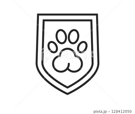 Minimalist icon featuring a paw print within a shield. Symbolizes protection, animal care, security. Ideal for veterinary services, pet products, or animal welfare. Minimalist icon featuring a paw print within a shield. Symbolizes protection, animal care, security. Ideal for veterinary services, pet products, or animal welfare. 128412050
