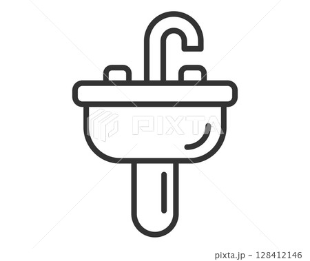 Minimalist line drawing of a sink with faucet. Symbol of hygiene, cleanliness, and sanitation. Ideal for bathroom designs, plumbing services, and water conservation projects. 128412146