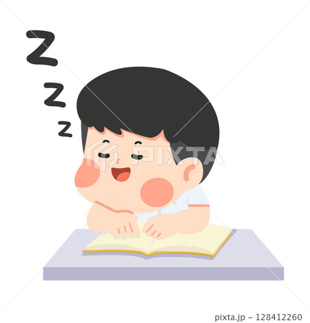 Cartoon Boy Sleeping at Desk with Book 128412260