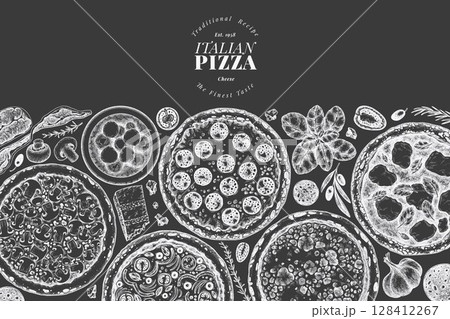 Hand Drawn Vector Pizza Seamless Pattern. Not AI Generated Illustration. Retro Pizza Chalk Board Design Template. Old School Italian Food Background Hand Drawn Vector Pizza Seamless Pattern. Not AI Generated Illustration. Retro Pizza Chalk Board Design Template. Old School Italian Food Background 128412267