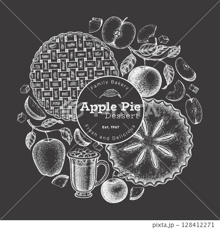 Hand Drawn Vector Apple Pie Illustration. Not AI Generated. Autumn Seasonal Chalk Board Background. Fall Season Cozy Mood Banner. Vintage Harvest Design Template. 128412271