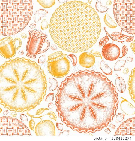 Hand Drawn Vector Apple Pie Seamless Pattern. Not AI Generated. Autumn Seasonal Background. Fall Season Cozy Mood Illustration. Vintage Harvest Design Banner. 128412274