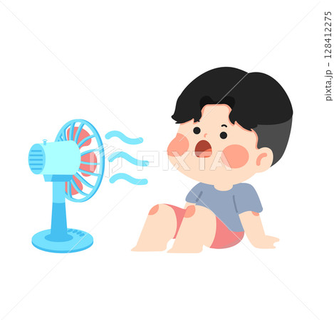 Cartoon Boy Cooling Down With Fan Cartoon Boy Cooling Down With Fan 128412275