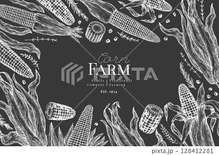 Hand Drawn Vector Sweet Corn Illustration. Not AI Generated. Autumn Seasonal Chalk Board Background. Fall Season Farm Banner. Vintage Harvest Design Template. Hand Drawn Vector Sweet Corn Illustration. Not AI Generated. Autumn Seasonal Chalk Board Background. Fall Season Farm Banner. Vintage Harvest Design Template. 128412281