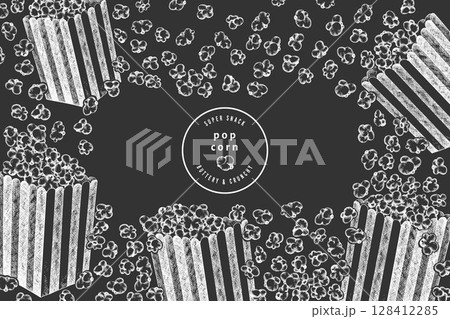 Hand Drawn Vector Pop Corn Illustration. Not AI Generated. Movie Night Chalk Board Background. Old Fashioned American Culture Banner. Vintage Popcorn Design Template. 128412285
