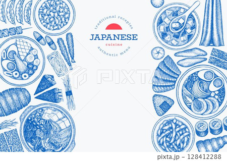 Japanese Cuisine Vector Design Template. Asian Dishes Hand Drawn Background. Retro Japan Traditional Food Illustration. 128412288