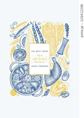 Collagen Diet Design Template. Vector Hand Drawn Healthy Food Banner. Vintage Style Collagen Bust Menu Illustration. Collagen Diet Design Template. Vector Hand Drawn Healthy Food Banner. Vintage Style Collagen Bust Menu Illustration. 128412296