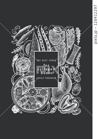 Collagen Diet Chalk Board Design Template. Vector Hand Drawn Healthy Food Banner. Vintage Style Collagen Bust Menu Illustration. Collagen Diet Chalk Board Design Template. Vector Hand Drawn Healthy Food Banner. Vintage Style Collagen Bust Menu Illustration. 128412297