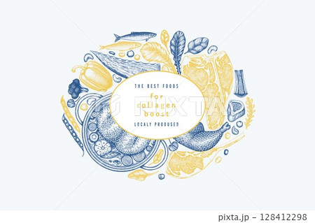Collagen Diet Design Template. Vector Hand Drawn Healthy Food Banner. Vintage Style Collagen Bust  Menu Illustration. 128412298