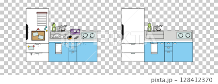 骯髒的廚房和乾淨的廚房的對比圖（彩色） 128412370