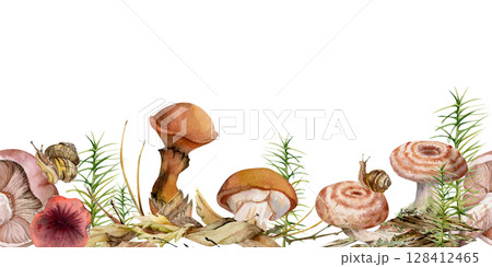 Milk-cap russula suillus larch bolete slippery jack mushrooms, snail on cap, horsetail plant on bark with moss lichen growth. Seamless banner header hand drawn in watercolor. Autumn forest floor scene 128412465