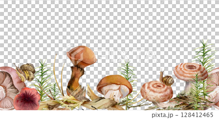 Milk-cap russula suillus larch bolete slippery jack mushrooms, snail on cap, horsetail plant on bark with moss lichen growth. Seamless banner header hand drawn in watercolor. Autumn forest floor scene 128412465