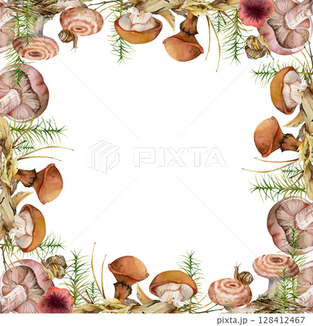 Milk-cap russula suillus larch bolete slippery jack mushrooms, snail on cap. Square border frame hand drawn in watercolor. Horsetail plant on bark with moss lichen growth autumn forest floor scene 128412467
