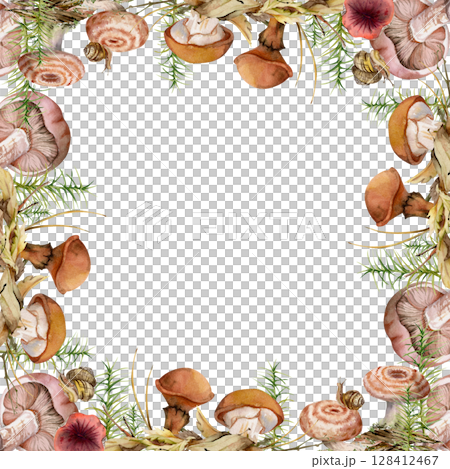 Milk-cap russula suillus larch bolete slippery jack mushrooms, snail on cap. Square border frame hand drawn in watercolor. Horsetail plant on bark with moss lichen growth autumn forest floor scene 128412467