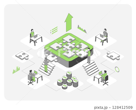 Cartoon Color Team Growth Marketing Concept 3d Isometric View Line Elements. Vector illustration of Teamwork Opportunity 128412509