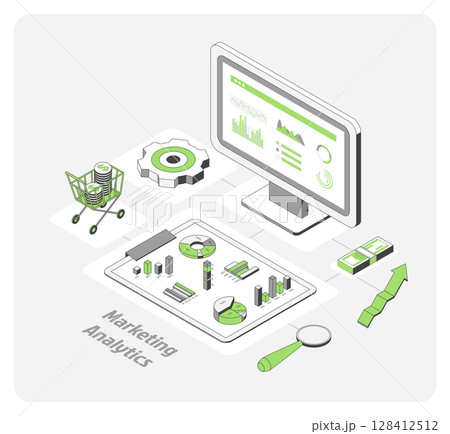 Cartoon Color Sales Dashboard and Analytics Growth Marketing Concept 3d Isometric View Line Elements. Vector illustration Cartoon Color Sales Dashboard and Analytics Growth Marketing Concept 3d Isometric View Line Elements. Vector illustration 128412512