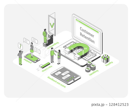 Cartoon Color Customer Retention Campaign with Magnet Sign Growth Marketing Concept 3d Isometric View Line Elements. Vector illustration 128412523